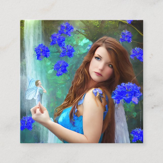 Fantasy Women Fairy Portrait mit Blauen Blumen und Quadratische Visitenkarte (Vorderseite)