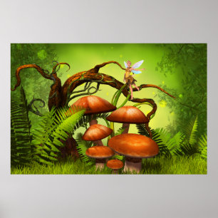 Fantasy World Forest, große Pilze und Fee Poster