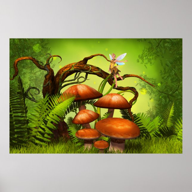 Fantasy World Forest, große Pilze und Fee Poster (Vorne)
