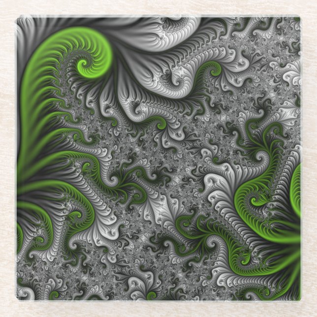 Fantasy World Green and Graue Abstrakte Fraktal Ar Glasuntersetzer (Vorderseite)