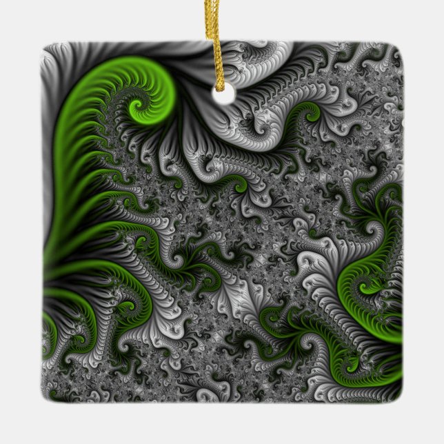 Fantasy World Green and Graue Abstrakte Fraktal Ar Keramikornament (Vorderseite)