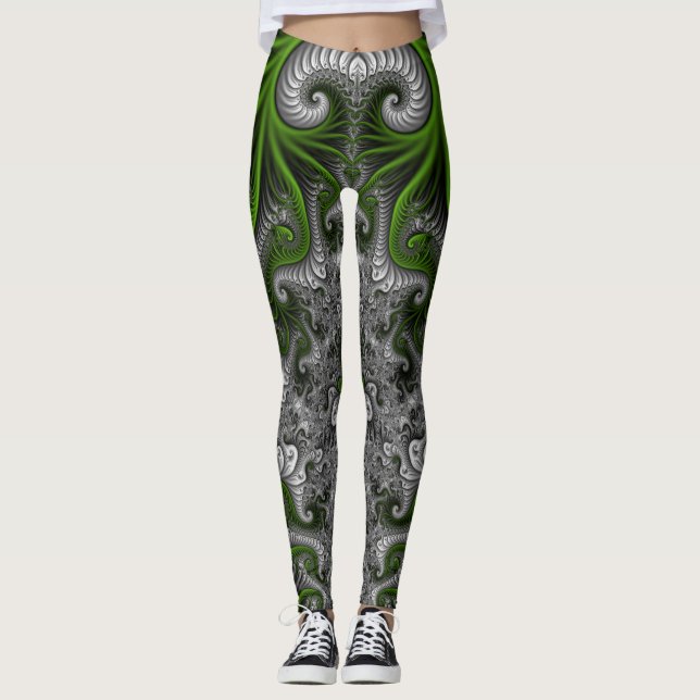 Fantasy World Green and Graue Abstrakte Fraktal Ar Leggings (Vorderseite)