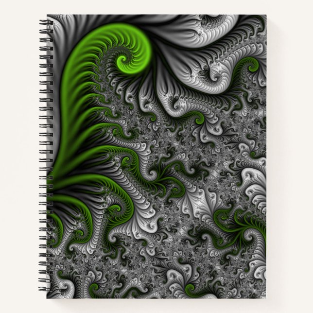 Fantasy World Green and Graue Abstrakte Fraktal Ar Notizbuch (Vorderseite)