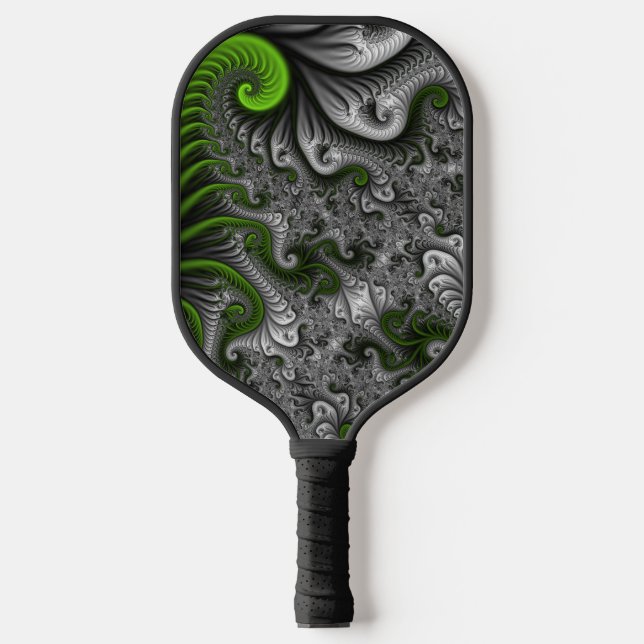 Fantasy World Green and Graue Abstrakte Fraktal Ar Pickleball Schläger (Vorderseite)