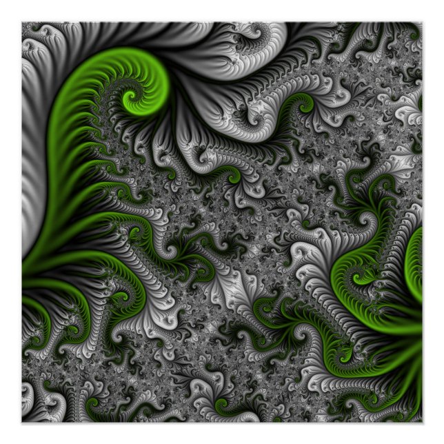 Fantasy World Green and Graue Abstrakte Fraktal Ar Poster (Vorderseite)