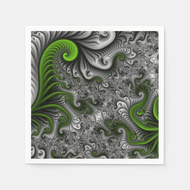 Fantasy World Green and Graue Abstrakte Fraktal Ar Serviette (Vorderseite)