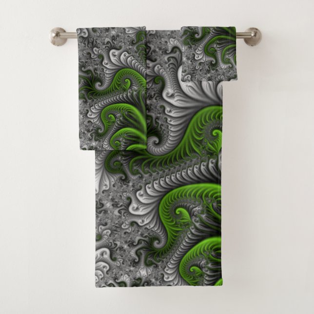 Fantasy World Green And Gray Abstract Fractal Art Badhandtuch Set (Insitu)