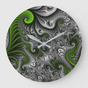 Fantasy World Green And Gray Abstract Fractal Art Große Wanduhr