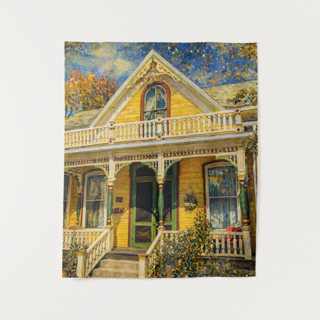 Fantasy Yellow Victorian House Wandteppich (Vorderseite)