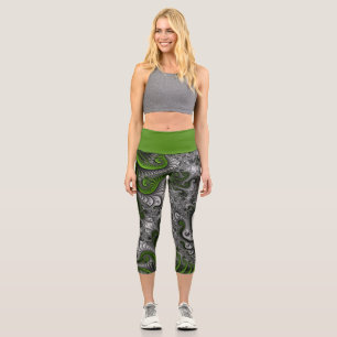 Fantasywelt Grüne und Graue Abstrakte Fraktalkunst Capri Leggings
