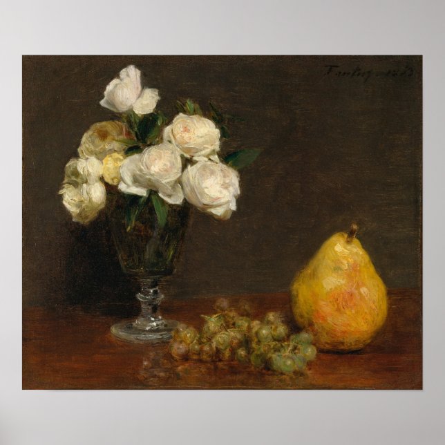 Fantin Latour - Stillleben mit Rose und Obst Poster (Vorne)