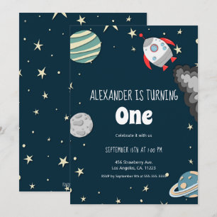 Far out Rocket and Planets Boy zum ersten Geburtst Einladung