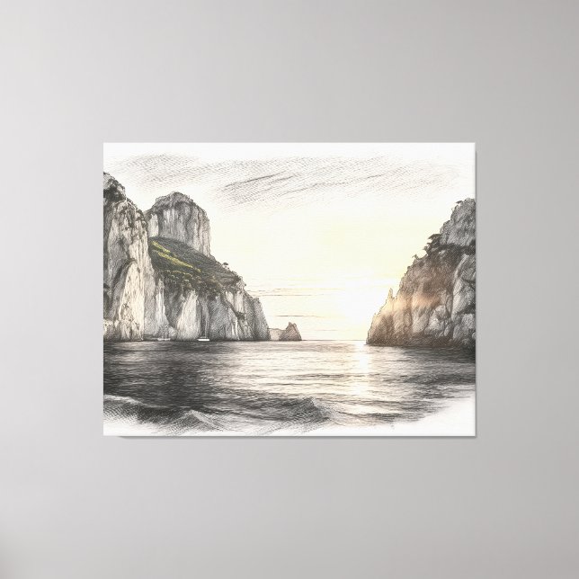 Faraglioni cliffs over capri sea sunset drawing leinwanddruck (Vorderseite)