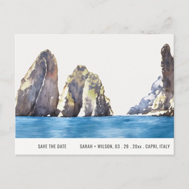 Faraglioni Rocks Capri Wasserfarbe Save the Date Postkarte (Vorderseite)
