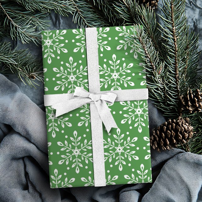 Farbbearbeitbare grüne Blätter Schneeflocken Weihn Geschenkpapier (Color Editable Green Leaves Snowflakes Christmas Wrapping Paper)
