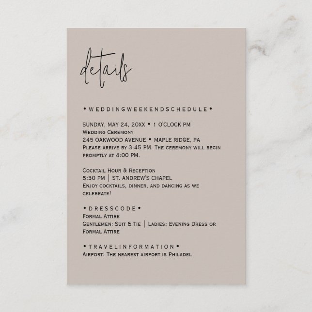 Farbbearbeitbare Merkkarte für Hochzeitdetails Begleitkarte (Vorderseite)