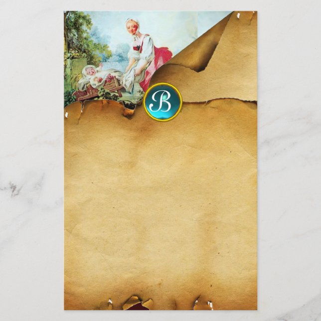 FARBBIGE BABY SHOWER Parchment Blue Gem Monogram Briefpapier (Vorderseite)