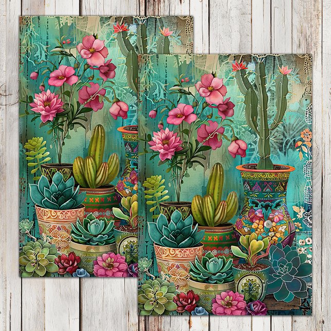FARBBIGER CACTUS UND ERFOLGREICHE DEKOUTION SEIDENPAPIER (COLORFUL CACTUS AND SUCCULENTS DECOUPAGE TISSUE PAPER)