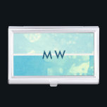 Farbblase ⎥ Monogram Visitenkartenhalter Visitenkarten Dose<br><div class="desc">Wasserfarben-Ober mit Bläserwirkung in tropischem Meerblau mit kundenspezifischem Monogramm in Sans Serif-Schriftart</div>