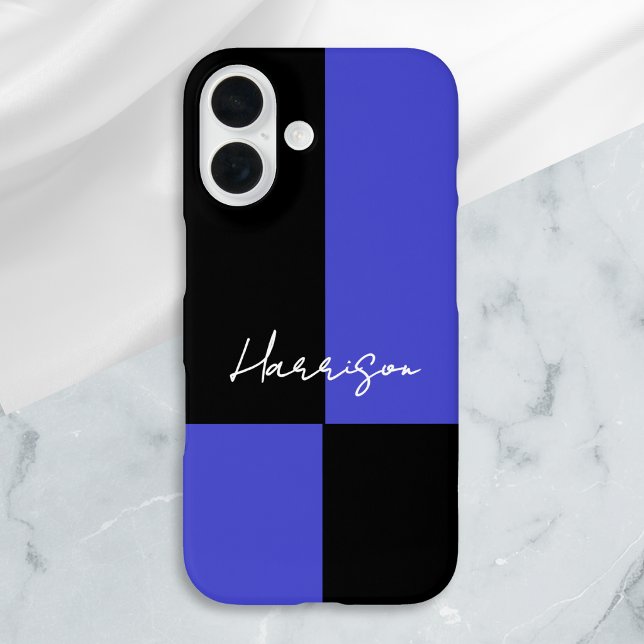 Farbblock Blau und Schwarz Personalisiert Case-Mate iPhone Hülle (A phone case with color block design in vibrant blue and sleek black, with personalized script name)