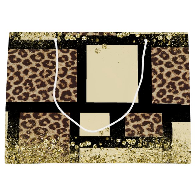 Farbblock Cream Ivory Black & Leopard Cheetah Große Geschenktüte (Vorderseite)