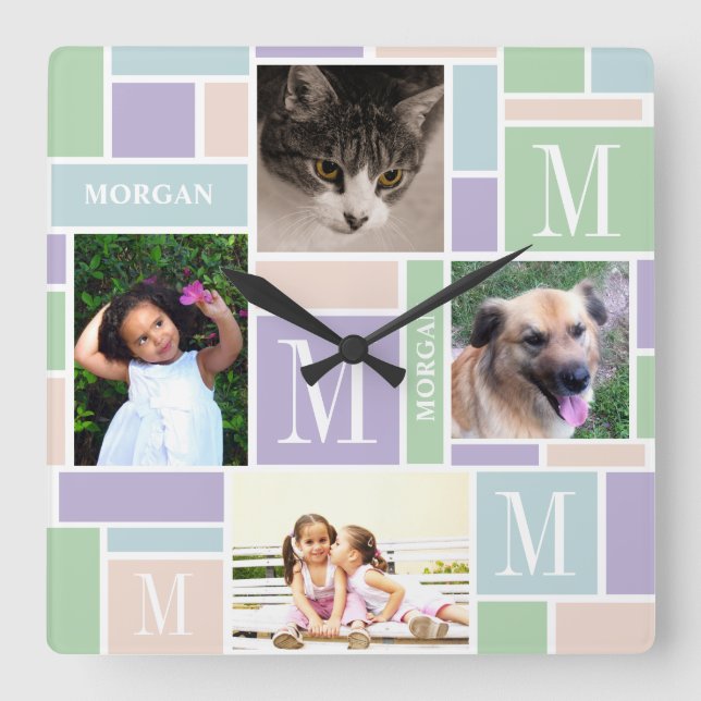 Farbblock Fun Pastete Einfach 4 Foto modern Quadratische Wanduhr (Vorderseite)