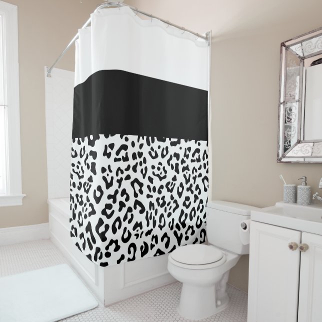Farbblock mit schwarzem Leopard und weißem Leopard Duschvorhang (Beispiel)