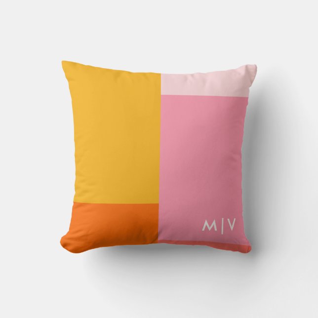Farbblock Rosa und Orange | Modernes Monogramm Kissen (Vorderseite)