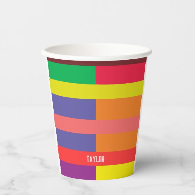 Farbblock Streifen Monogramm Name Regenbogen Pappbecher (Vorderseite)