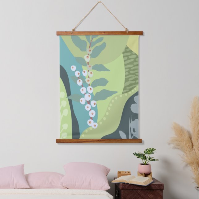 Farbblöcke für Weißberries Mixed Grüntöne Moderne  Wandteppich Mit Holzrahmen (Schlafzimmer)