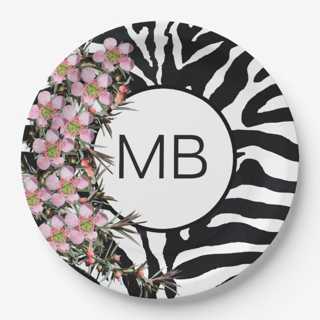 Farbdruckpink Wild Blume Monogramm Schwarz-weiß Pappteller (Vorderseite)