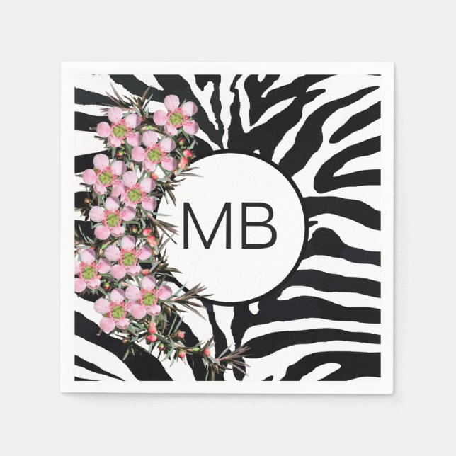Farbdruckpink Wild Blume Monogramm Schwarz-weiß Serviette (Vorderseite)