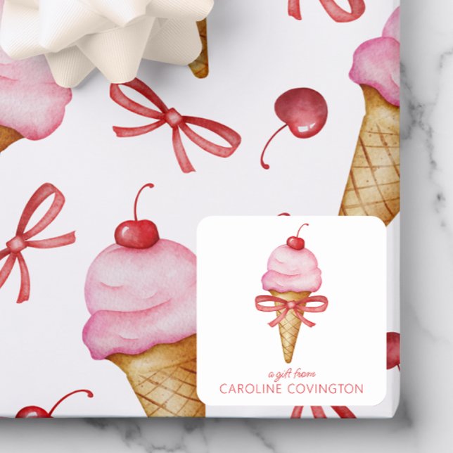 Farbe Bow Pink Ice Creme Cone Geschenkverpackung Quadratischer Aufkleber (Von Creator hochgeladen)