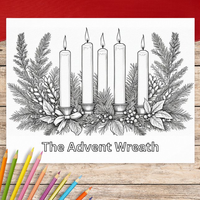 Farbe der Bilder im Adventskranz und bei Kerzen Poster (A poster to color featuring a traditional Advent wreath of candles and festive greenery)