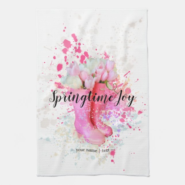 Farbe des Frühlings Wasserfarbe Rosa Stiefel & Tul Geschirrtuch (Vertikal)