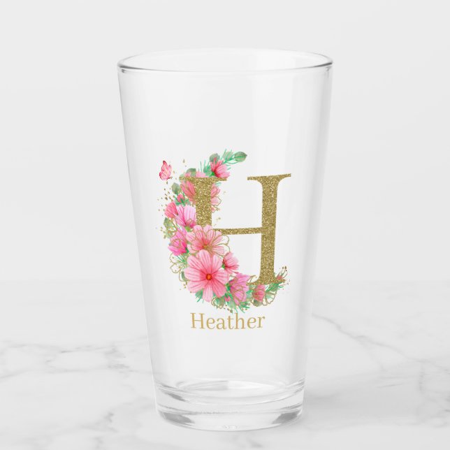 Farbe Gold und Blütenmonogramm Buchstabe H Glas (Vorderseite)