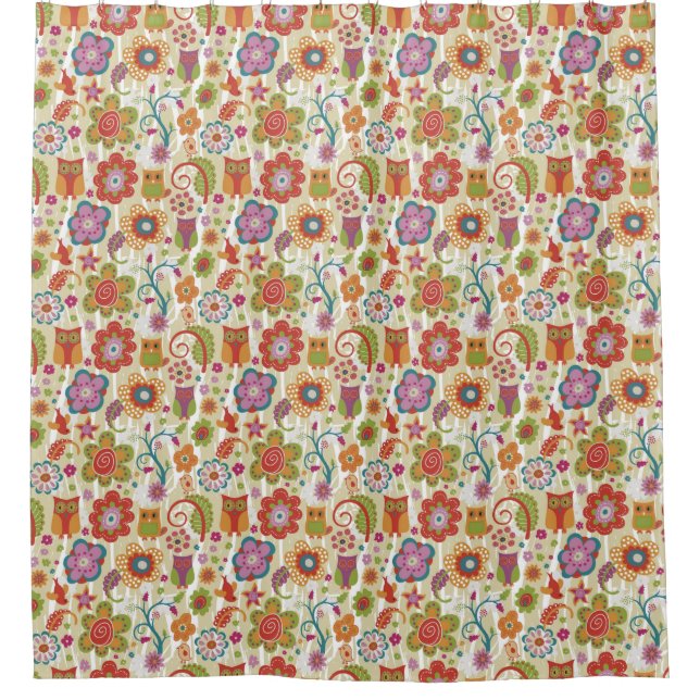 Farbe mit Blumen und Eule Duschvorhang (Vorderseite)