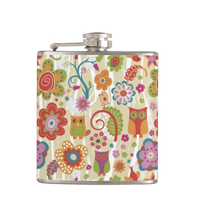 Farbe mit Blumen und Eule Flachmann (Vorderseite)