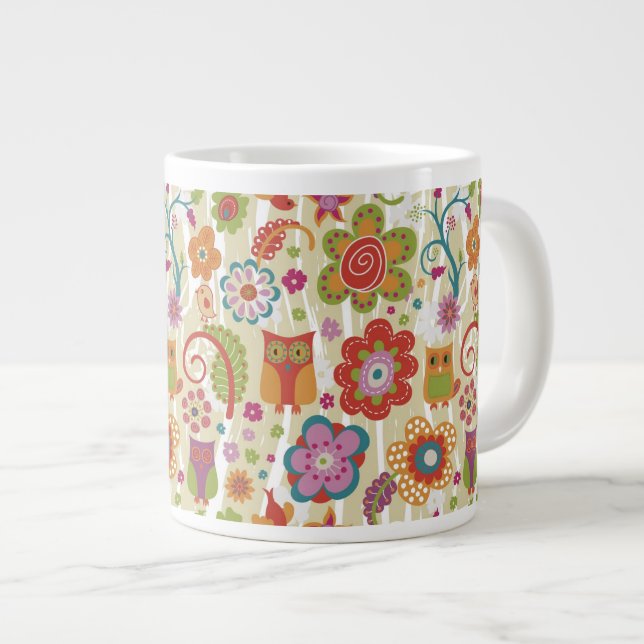 Farbe mit Blumen und Eule Jumbo-Tasse (Vorderseite Rechts)