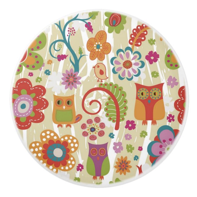 Farbe mit Blumen und Eule Keramikknauf (Vorderseite)