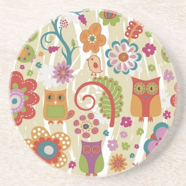 Farbe mit Blumen und Eule Sandstein Untersetzer (Vorne)