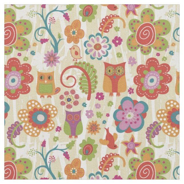 Farbe mit Blumen und Eule Stoff (Nahaufnahme)