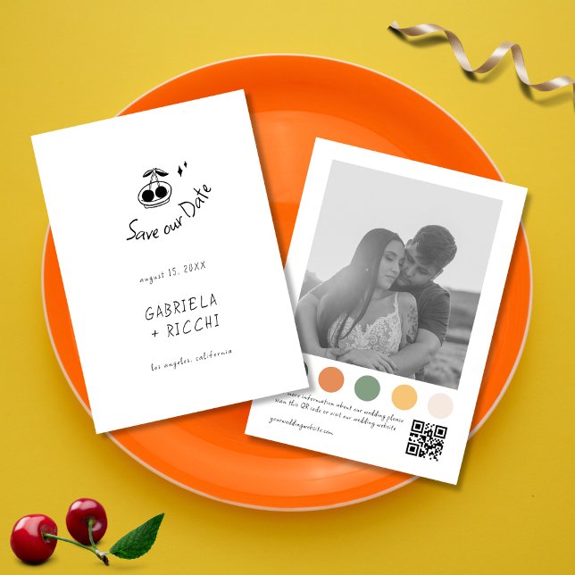 Farbe QR-Code für Handgezeichnete Kirschhaube Save The Date (Von Creator hochgeladen)