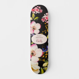 Farbe Rosa und Gelb Rosen auf schwarz, Geburtstag Skateboard