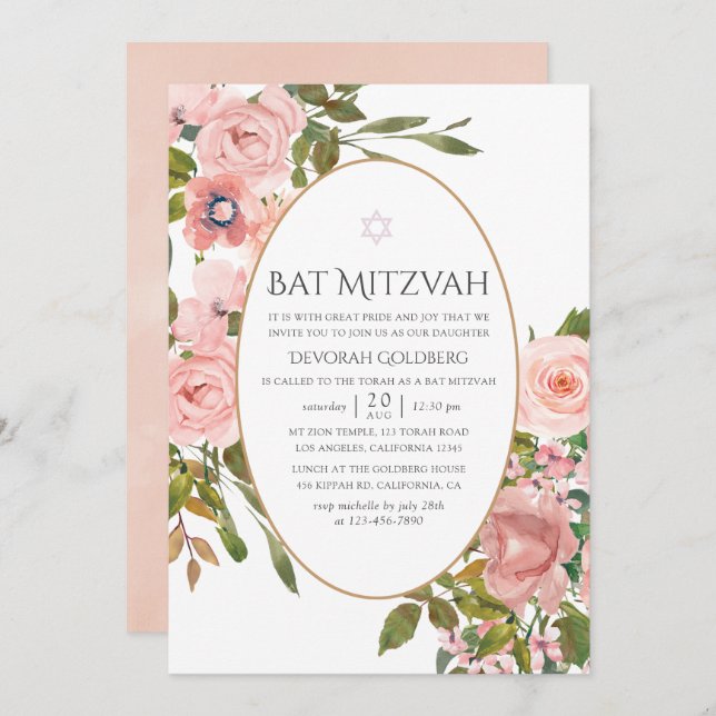Farbe Rosa und Rose Gold Bat Mitzvah Einladung (Vorne/Hinten)