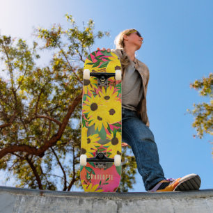 Farbe Sonnenblumen Blumenmuster Rosa + Name Skateboard