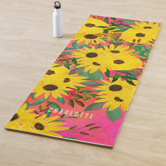 Farbe Sonnenblumen Blumenmuster Rosa + Name Yogamatte