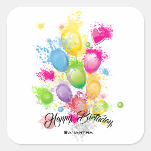 Farbe Splash Birthday Balloons Quadratischer Aufkleber