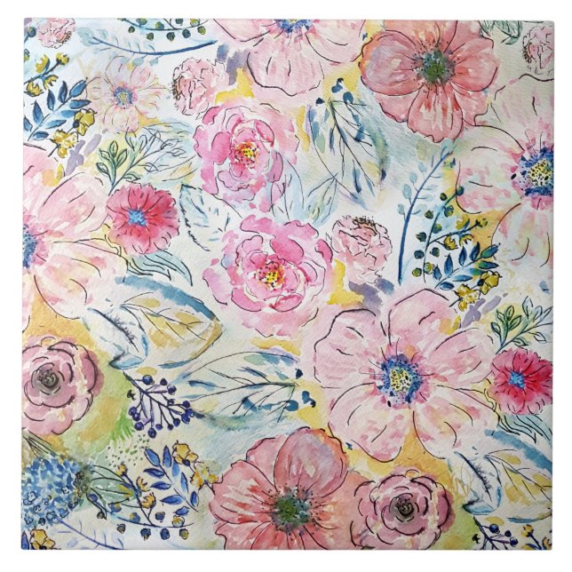 Farbe von Hand mit Aquarellfarbe Blumendesign Fliese (Vorderseite)