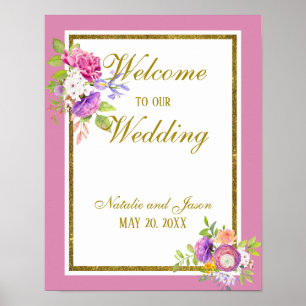 Farben aus Rosa und Gold und Blumen - Willkommen Poster